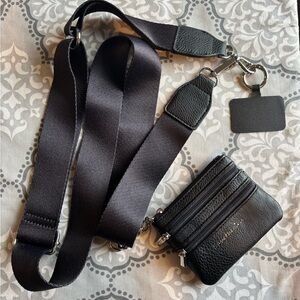 Black Leather Crossbody Pouch with Wide Strap - Women